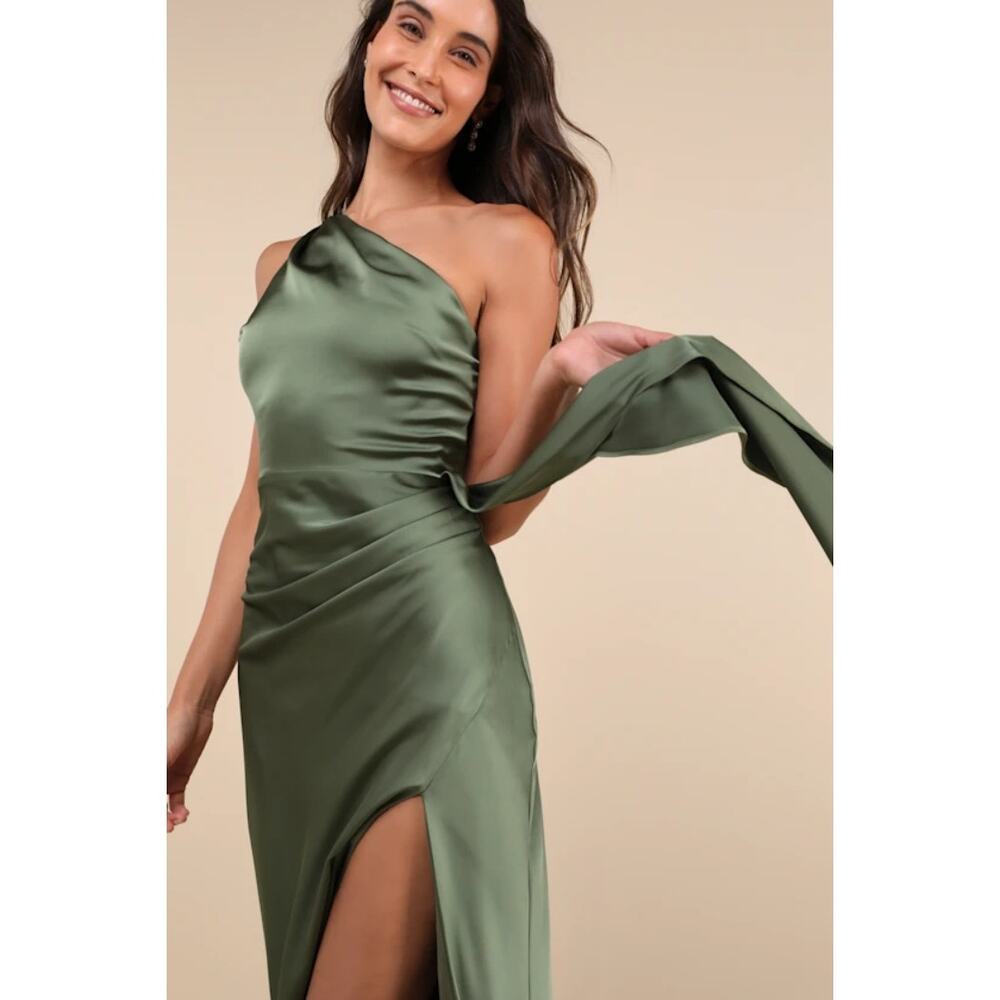 NWT Lulus Signature Elegance Olive Green Satin One-Shoulder Maxi Dress Gala Sz M - Picture 10 of 10